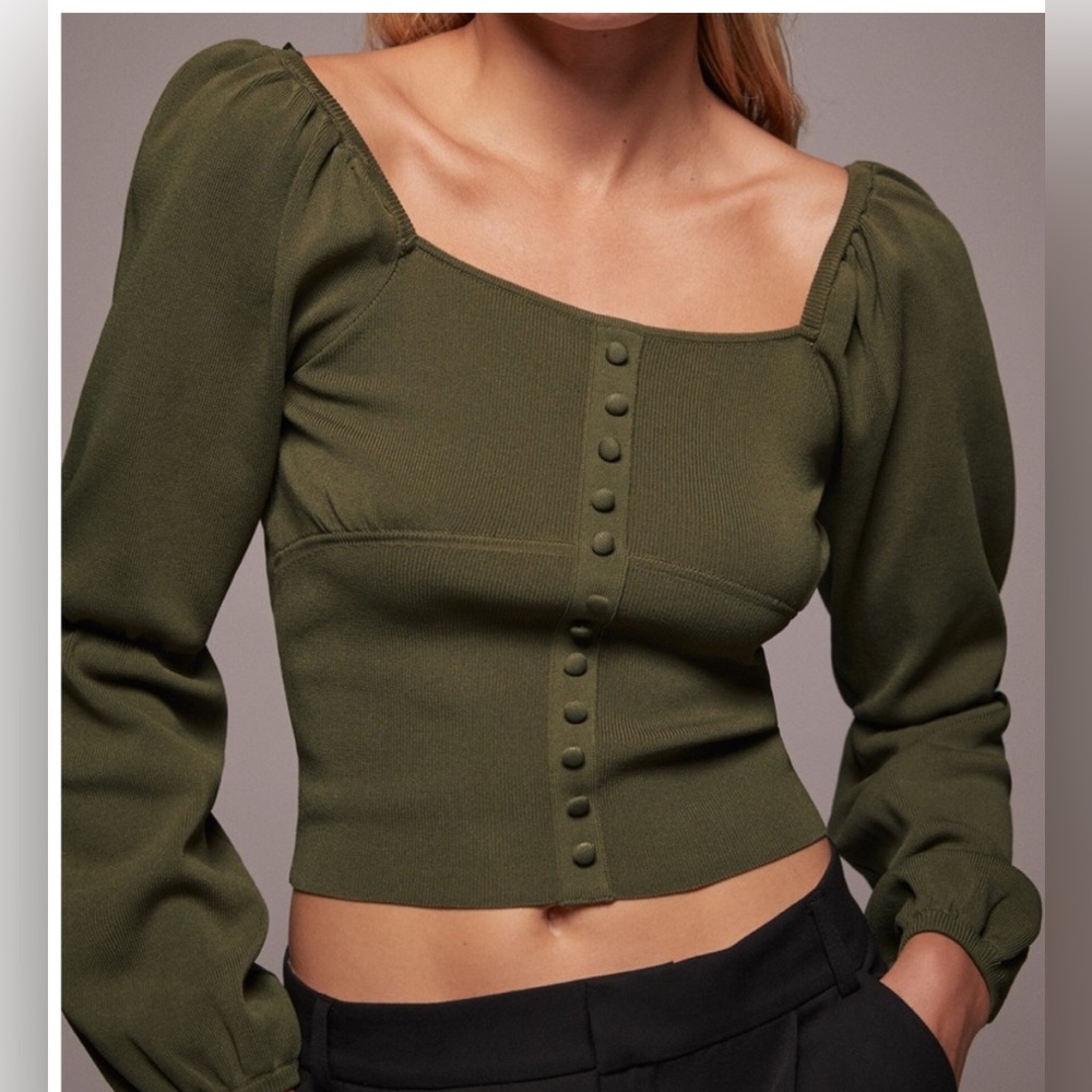 Zara Olive Green Puff Sleeve Crop Blouse Size M - Picture 2 of 12